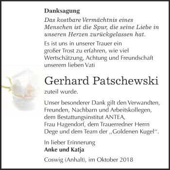 Traueranzeige von Gerhard Patschewski von Super Sonntag Wittenberg