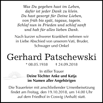 Traueranzeige von Gerhard Patschewski von Mitteldeutsche Zeitung