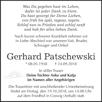 Traueranzeige von Gerhard Patschewski von Super Sonntag Wittenberg