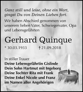 Traueranzeige von Gerhard Quinque von Mitteldeutsche Zeitung Bitterfeld