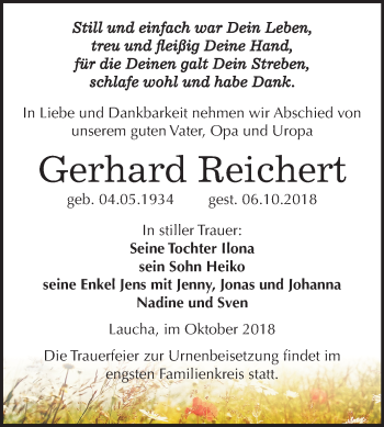 Traueranzeige von Gerhard Reichert von Mitteldeutsche Zeitung