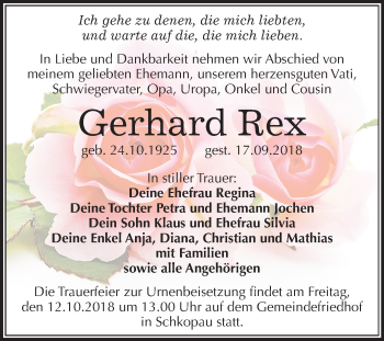 Traueranzeige von Gerhard Rex von Mitteldeutsche Zeitung Merseburg/Querfurt