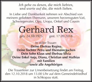 Traueranzeige von Gerhard Rex von WVG - Wochenspiegel Merseburg