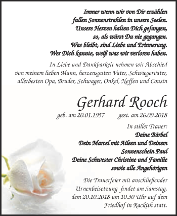 Traueranzeige von Gerhard Rooch von WVG - Wochenspiegel Wittenberg