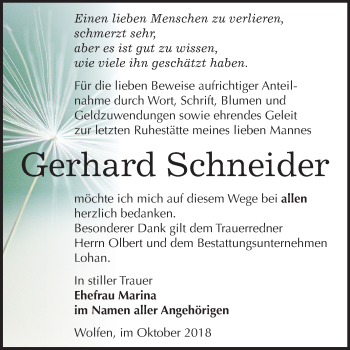 Traueranzeige von Gerhard Schneider von Mitteldeutsche Zeitung Bitterfeld