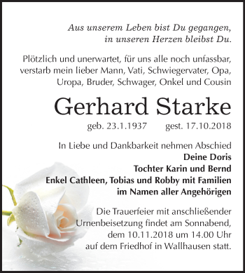 Traueranzeige von Gerhard Starke von Mitteldeutsche Zeitung Sangerhausen