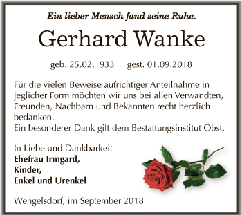 Traueranzeige von Gerhard Wanke von WVG - Wochenspiegel NMB / WSF / ZTZ