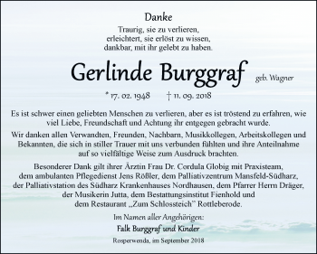 Traueranzeige von Gerlinde Burggraf von Mitteldeutsche Zeitung Sangerhausen
