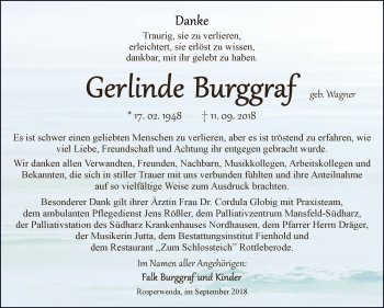 Traueranzeige von Gerlinde Burggraf von Super Sonntag SGH Mansf. Land