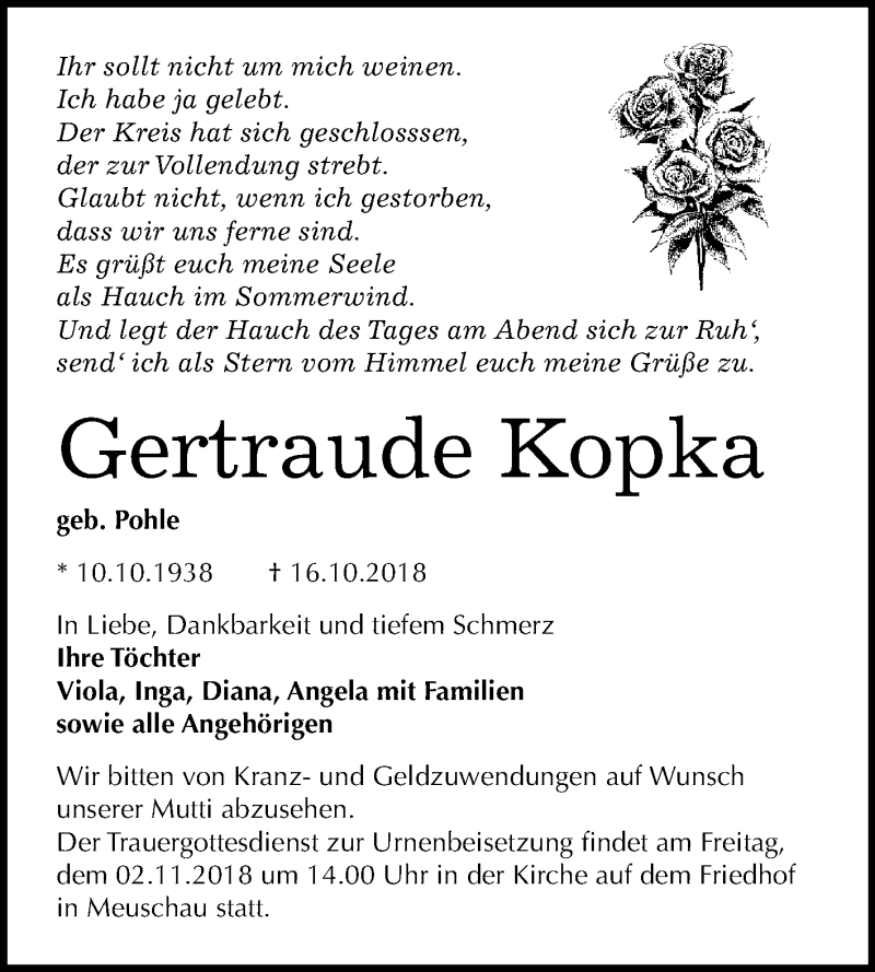  Traueranzeige für Gertraude Kopka vom 27.10.2018 aus WVG - Wochenspiegel Merseburg