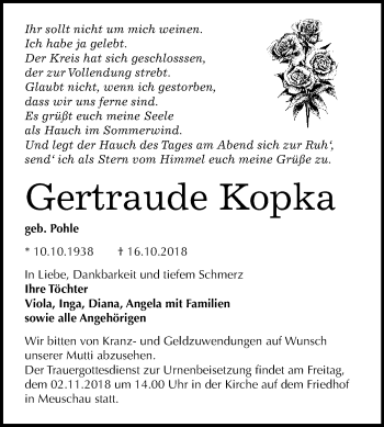 Traueranzeige von Gertraude Kopka von WVG - Wochenspiegel Merseburg