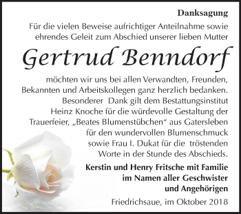 Traueranzeige von Gertrud Benndorf von Mitteldeutsche Zeitung Aschersleben