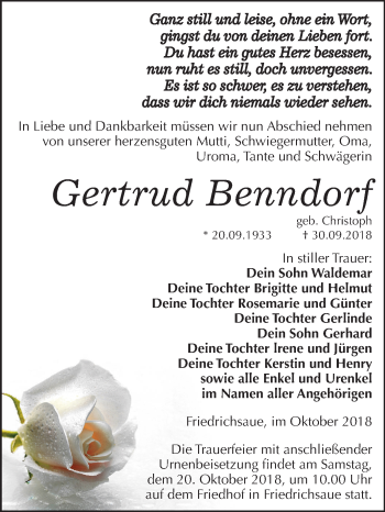 Traueranzeige von Gertrud Benndorf von Mitteldeutsche Zeitung Aschersleben