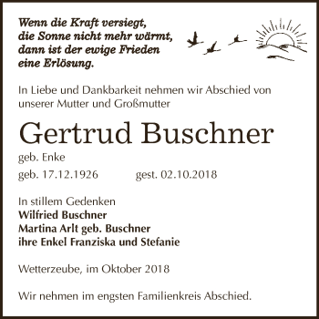 Traueranzeige von Gertrud Buschner von Super Sonntag Zeitz