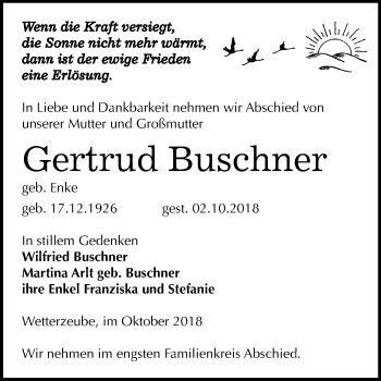 Traueranzeige von Gertrud Buschner von Mitteldeutsche Zeitung Zeitz