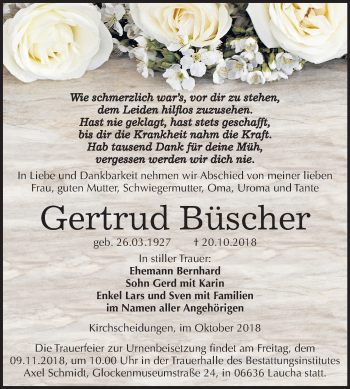 Traueranzeige von Gertrud Büscher von Mitteldeutsche Zeitung