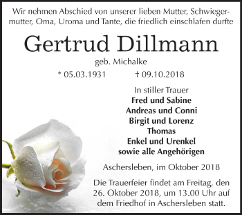 Traueranzeige von Gertrud Dillmann von Mitteldeutsche Zeitung Quedlinburg