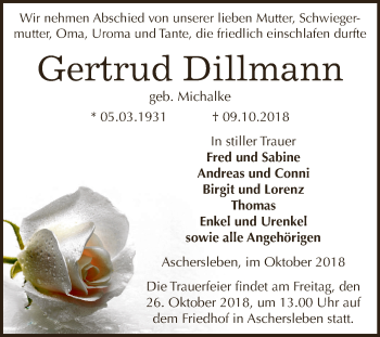 Traueranzeige von Gertrud Dillmann von Super Sonntag Aschersleben
