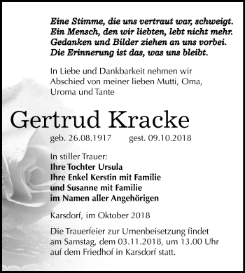 Traueranzeige von Gertrud Kracke von Mitteldeutsche Zeitung