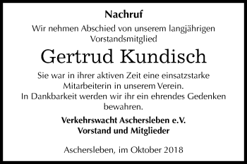 Traueranzeige von Gertrud Kundisch von Mitteldeutsche Zeitung Aschersleben