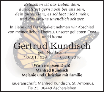 Traueranzeige von Gertrud Kundisch von Mitteldeutsche Zeitung Aschersleben