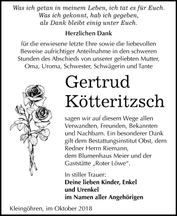 Traueranzeige von Gertrud Kötteritzsch von Mitteldeutsche Zeitung Weißenfels