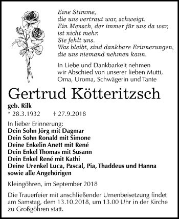 Traueranzeige von Gertrud Kötteritzsch von Mitteldeutsche Zeitung Weißenfels