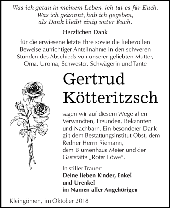 Traueranzeige von Gertrud Kötteritzsch von Super Sonntag Merseburg
