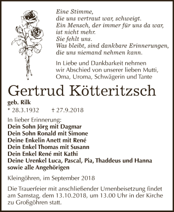 Traueranzeige von Gertrud Kötteritzsch von WVG - Wochenspiegel NMB / WSF / ZTZ