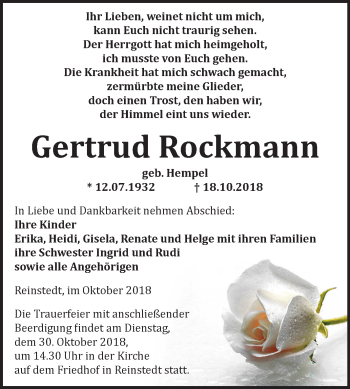 Traueranzeige von Gertrud Rockmann von Mitteldeutsche Zeitung Quedlinburg