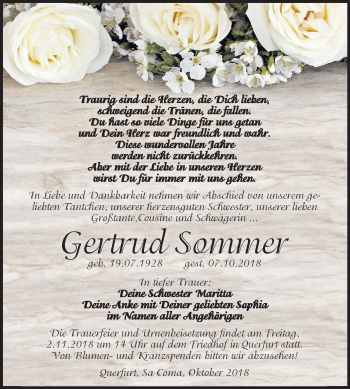 Traueranzeige von Gertrud Sommer von Mitteldeutsche Zeitung Merseburg/Querfurt