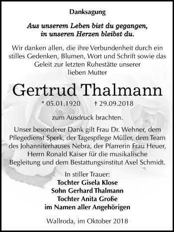 Traueranzeige von Gertrud Thalmann von Mitteldeutsche Zeitung