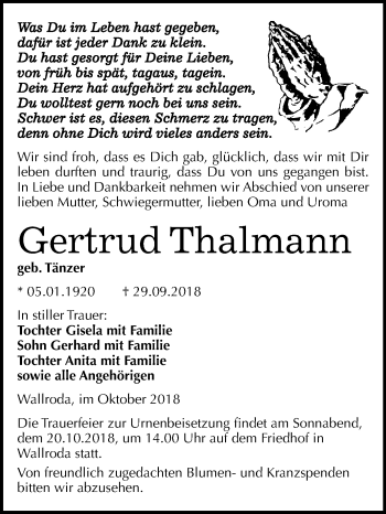 Traueranzeige von Gertrud Thalmann von Mitteldeutsche Zeitung