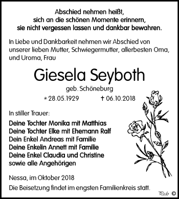Traueranzeige von Giesela Seyboth von Mitteldeutsche Zeitung Weißenfels