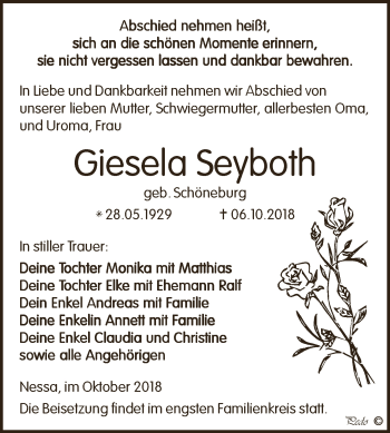 Traueranzeige von Giesela Seyboth von WVG - Wochenspiegel NMB / WSF / ZTZ