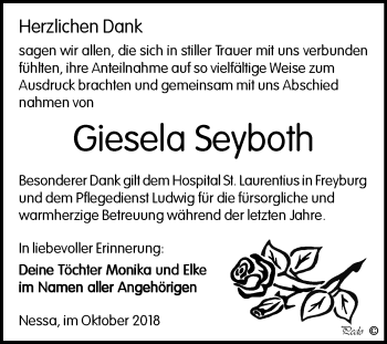 Traueranzeige von Giesela Seyboth von Mitteldeutsche Zeitung Weißenfels