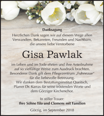 Traueranzeige von Gisa Pawlak von Mitteldeutsche Zeitung Köthen