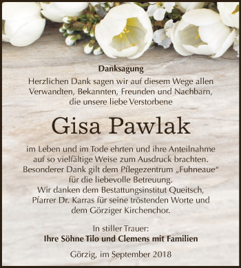 Traueranzeige von Gisa Pawlak von WVG - Wochenspiegel Dessau / Köthen