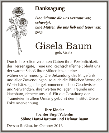 Traueranzeige von Gisela Baum von WVG - Wochenspiegel Dessau / Köthen