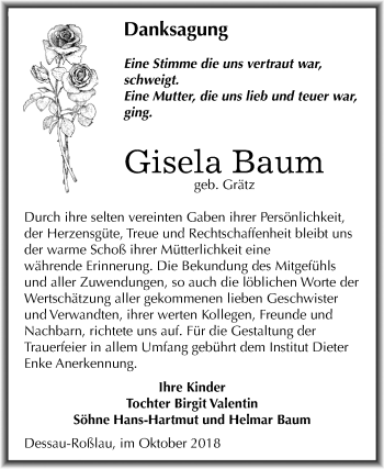 Traueranzeige von Gisela Baum von Mitteldeutsche Zeitung Dessau-Roßlau