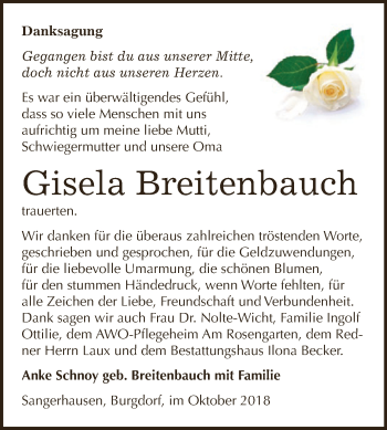 Traueranzeige von Gisela Breitenbauch von Super Sonntag SGH Mansf. Land