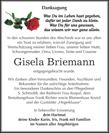 Traueranzeige von Gisela Briemann von Mitteldeutsche Zeitung Sangerhausen
