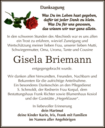 Traueranzeige von Gisela Briemann von Super Sonntag SGH Mansf. Land