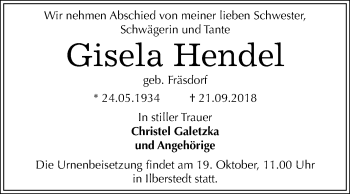 Traueranzeige von Gisela Hendel von Mitteldeutsche Zeitung Bernburg