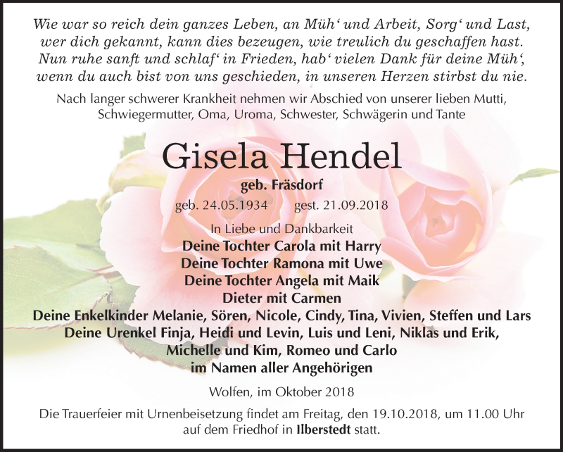  Traueranzeige für Gisela Hendel vom 06.10.2018 aus Mitteldeutsche Zeitung Bitterfeld