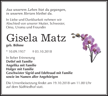 Traueranzeige von Gisela Matz von Mitteldeutsche Zeitung Halle/Saalkreis