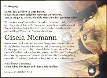 Traueranzeige von Gisela Niemann von WVG - Wochenspiegel Dessau / Köthen