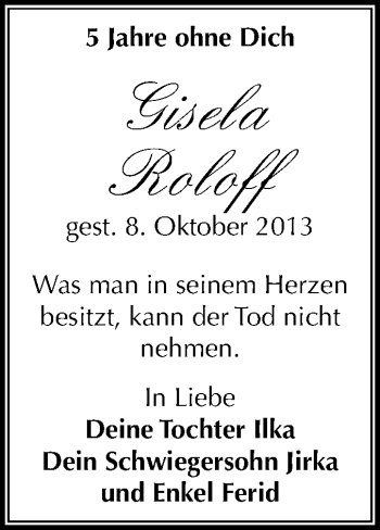 Traueranzeige von Gisela Roloff von Mitteldeutsche Zeitung Merseburg/Querfurt