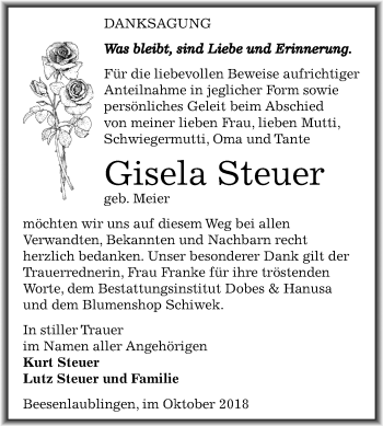 Traueranzeige von Gisela Steuer von Mitteldeutsche Zeitung Bernburg