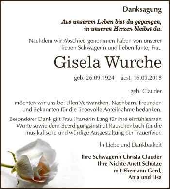 Traueranzeige von Gisela Wurche von WVG - Wochenspiegel NMB / WSF / ZTZ